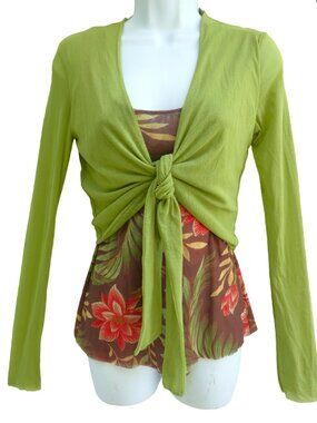 Vintage Y2K Nylon Mesh Pistachio Green Tie Front Shrug over Floral Top One Piece